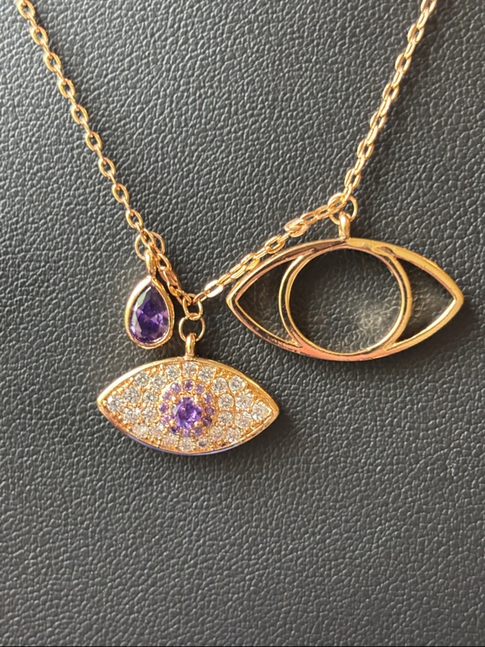 Pretty Bird Triple Evil Eye Charm Necklace Purple CZ - Rose Gold Plated Modern